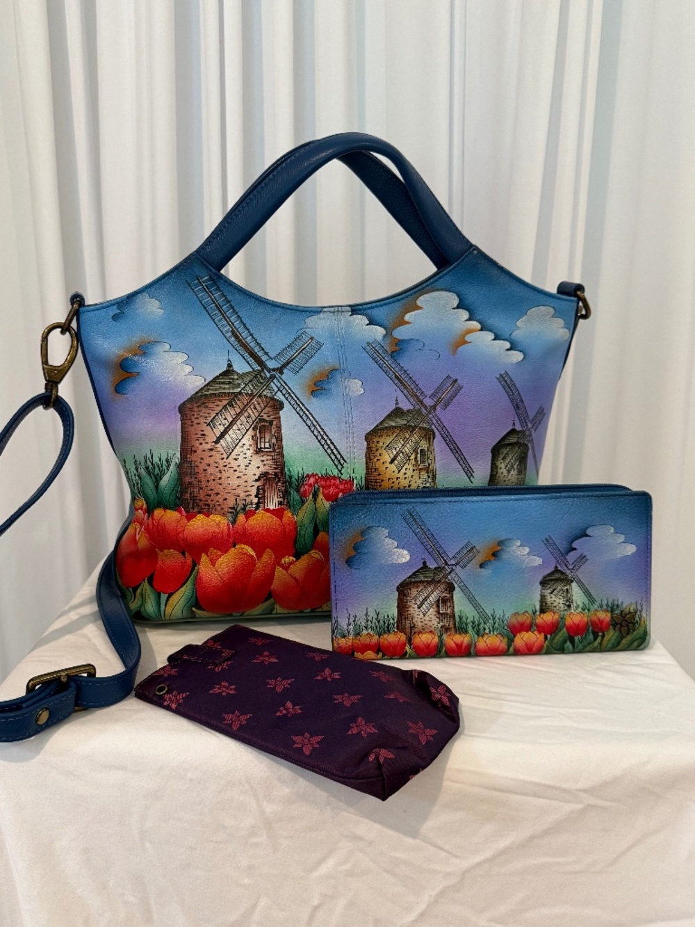 Anuschka Hand Painted Leather Windmill Tulip Shoulder Bag Wallet & Eyeglass Case